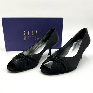 NIB Stuart Weitzman Black Satin Kitten Heels Peep Toe  US 8.5 M